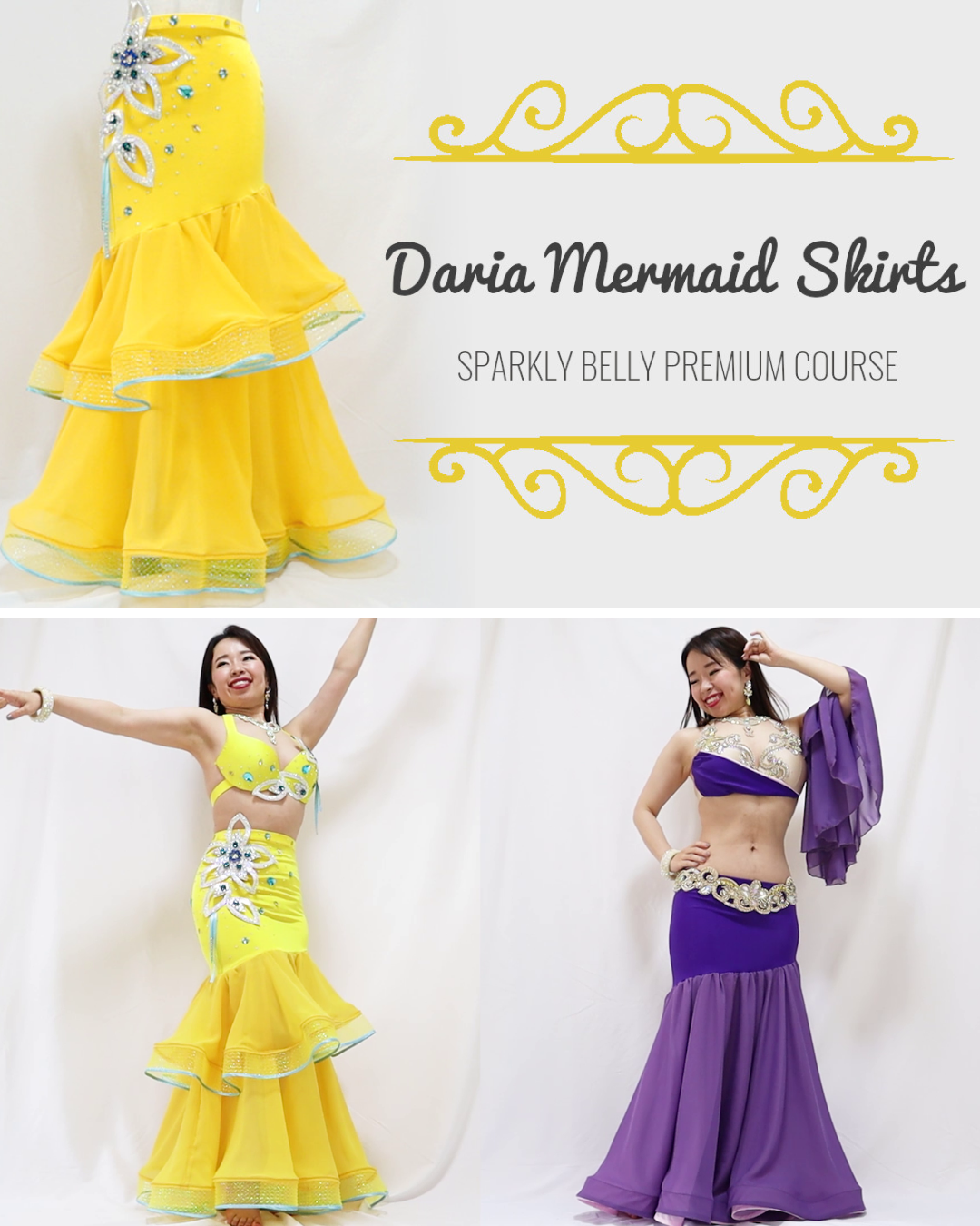Daria Mermaid Skirts in yellow and purple for belly dancing